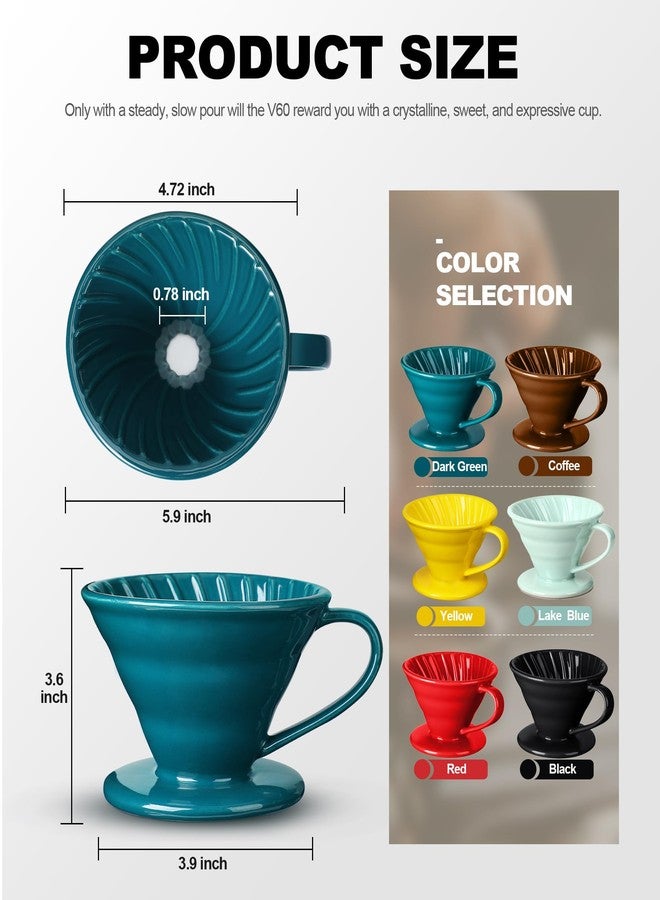 قمع تقطير القهوة Wmazio - قمع سيراميك لتحضير القهوة بالتقطير، قمع تقطير قهوة من البورسلين، كوب واحد، صانع قهوة يدوي للمنزل والمقهى والمكتب - من 1 إلى 4 أكواب، مقاس V60 رقم 02 (أخضر داكن) - Image 4